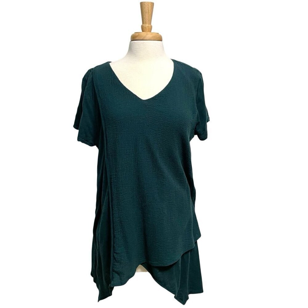 Soft Surroundings Asymmetrical Layered Gauze Tunic V-Neck Top Teal size Large